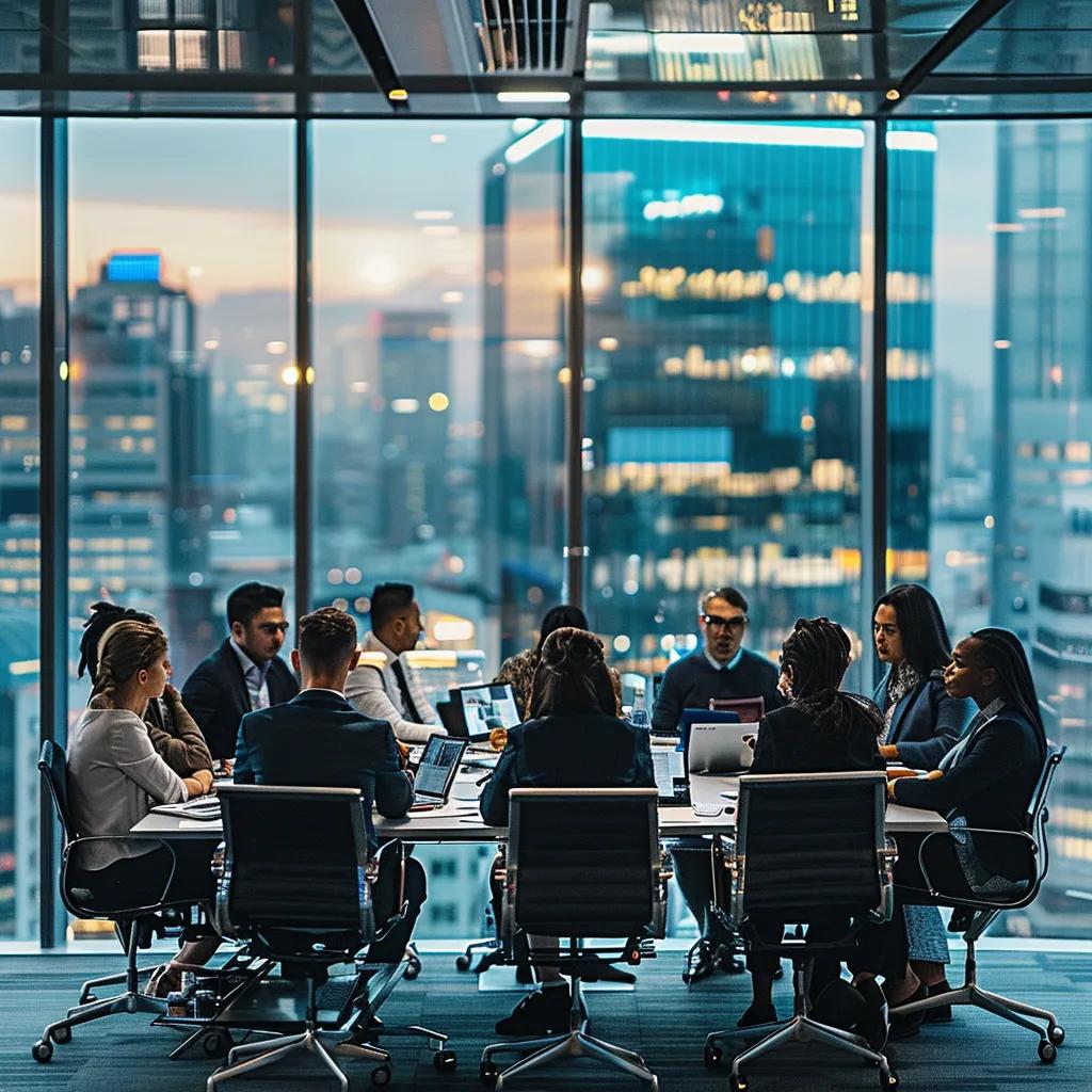 a bustling urban office scene captures a diverse group of professionals engaged in a focused discussion around a table, with immigration forms and work permits spread out amidst modern technology and dynamic city views through large windows.