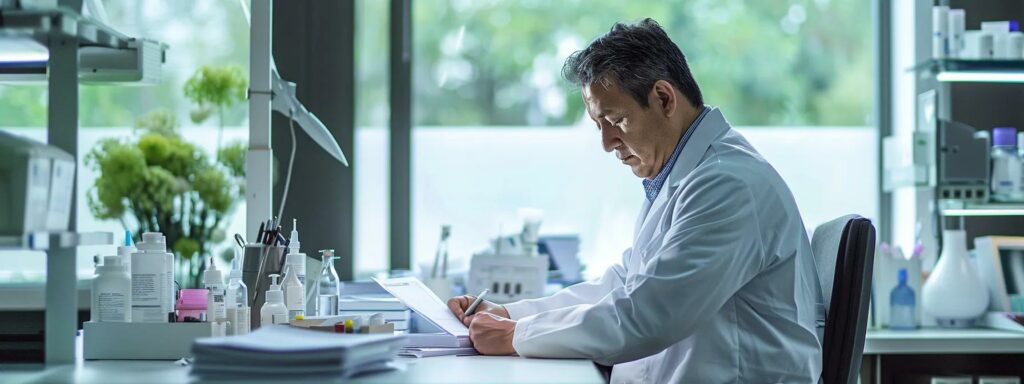 un médecin spécialisé, une blouse blanche impeccable et des instruments médicaux modernes sur son bureau, examinant attentivement un dossier dans un bureau d'immigration lumineux et professionnel.