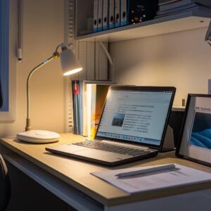 a focused study environment showcasing a clean desk with exam preparation materials, a laptop with an open study guide, and a bright desk lamp illuminating the space, symbolizing essential preparation for success in canada ircc exams.