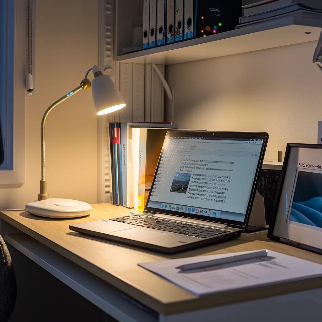 a focused study environment showcasing a clean desk with exam preparation materials, a laptop with an open study guide, and a bright desk lamp illuminating the space, symbolizing essential preparation for success in canada ircc exams.