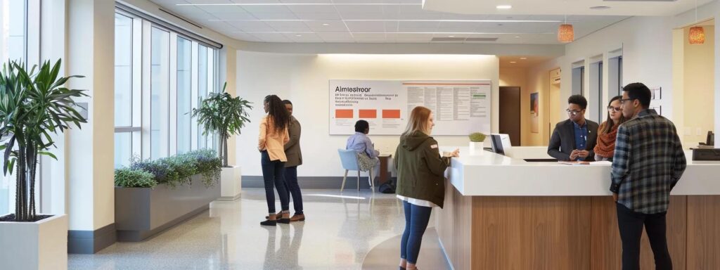 a modern, bright medical office reception area featuring a diverse group of people engaged in discussions, surrounded by informational brochures about immigration medical exams on sleek counters, conveying a sense of community and support in navigating healthcare processes.