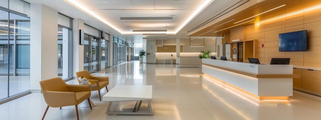 a modern immigration medical centre reception area, featuring sleek design elements and a welcoming atmosphere, where diverse individuals await their ircc medical exams in comfortable seating arrangements under bright, clinical lighting.