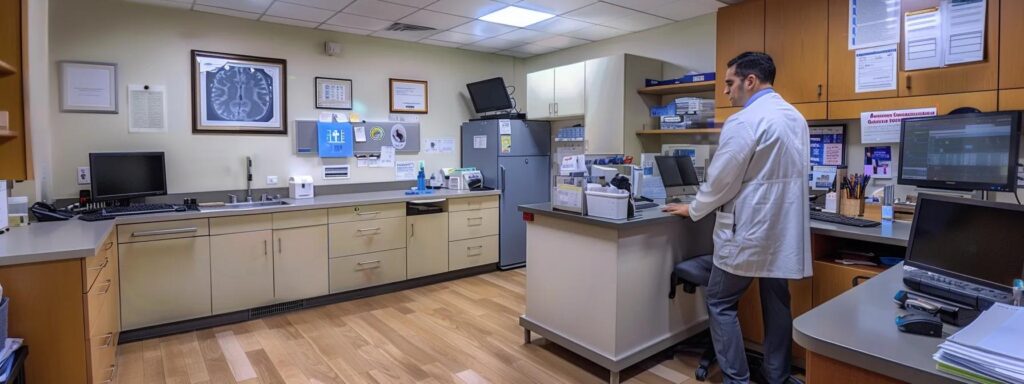 a professional office setting features a well-organized medical examination room where a panel physician consults with an applicant, surrounded by medical equipment and documentation, emphasizing the structured and meticulous nature of the ircc medical exam requirements.