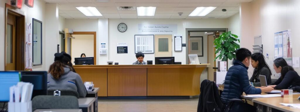 a professional, sleek immigration office is depicted with an immigration officer attentively reviewing a medical examination report, symbolizing the critical role of health assessments in immigration applications.