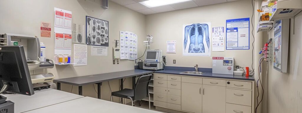 a sterile immigration medical examination room features a well-organized lab table with medical instruments, a chest x-ray image displayed on a bright monitor, and a bulletin board showcasing vaccination information, creating an atmosphere of professionalism and health oversight.