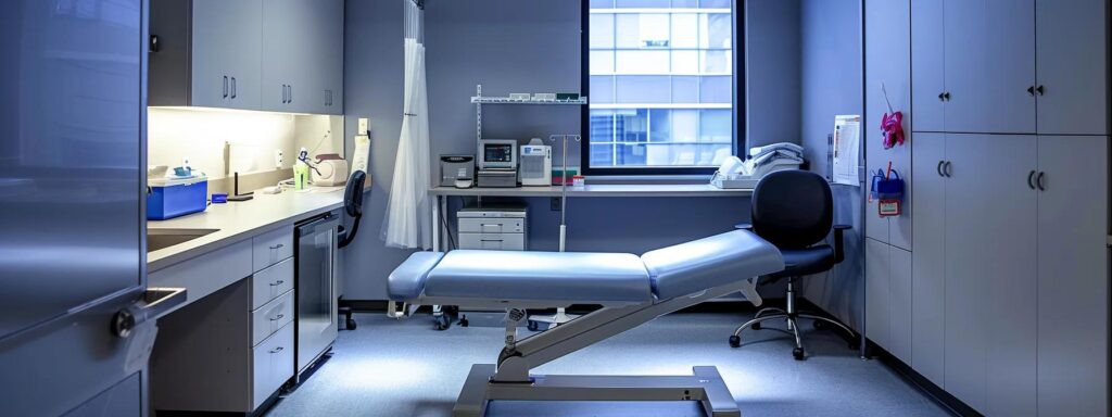 an illuminated, modern medical examination room, featuring a sleek examination table and advanced diagnostic equipment, underscores the importance of thorough health evaluations for immigration applicants.