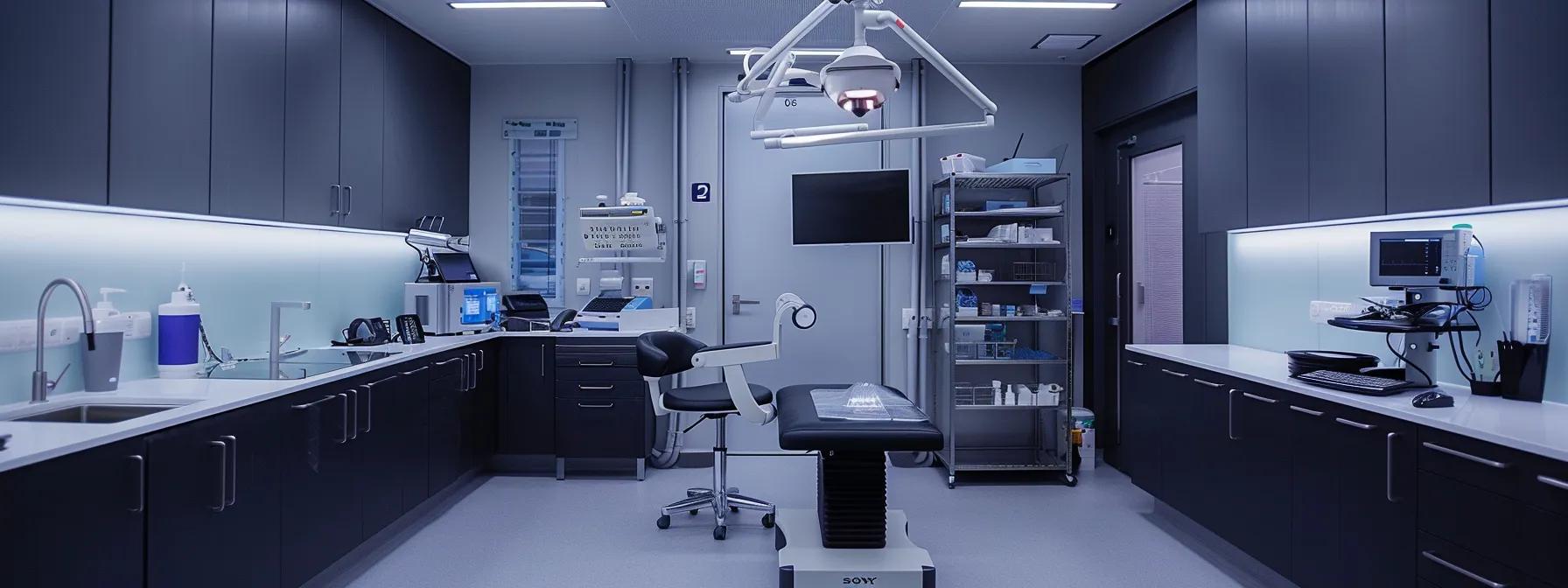 un cabinet médical moderne et épuré, équipé d'instruments haut de gamme, où un médecin examine un patient avec une attention professionnelle, sous un éclairage artificiel doux qui met en valeur l'atmosphère rassurante de l'environnement.